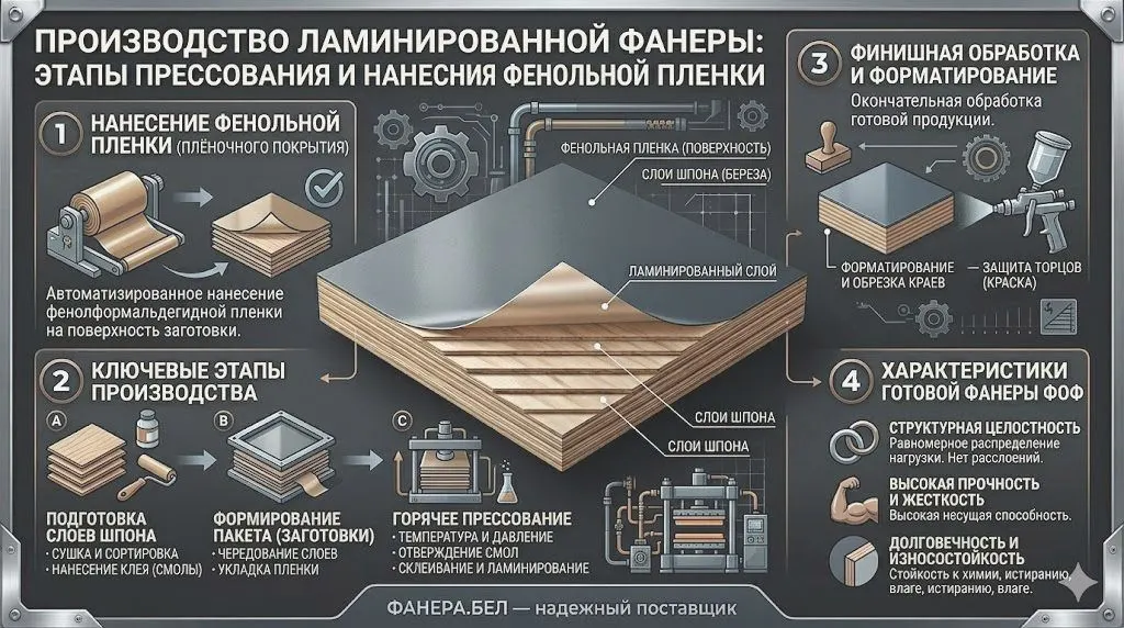 Как производят ламинированную фанеру: этапы прессования и нанесения фенольной пленки