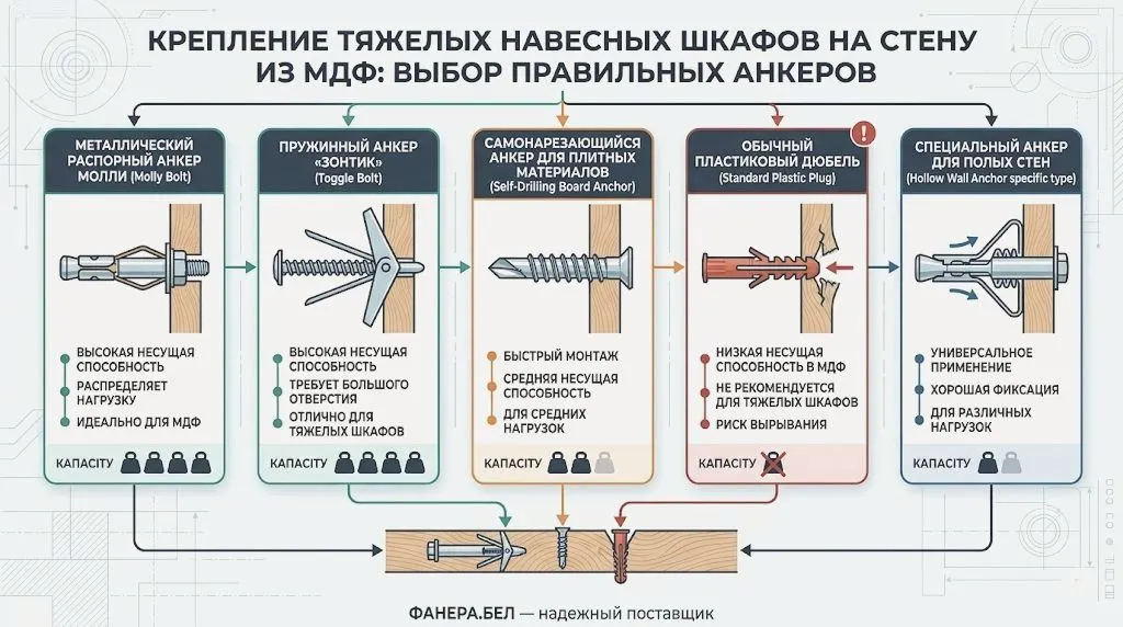 Крепление тяжелых навесных шкафов на стену из МДФ: выбор правильных анкеров