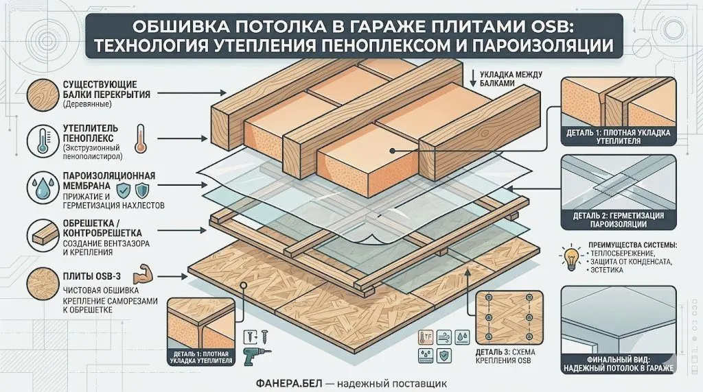 Обшивка потолка в гараже плитами OSB: утепление пеноплексом и пароизоляция