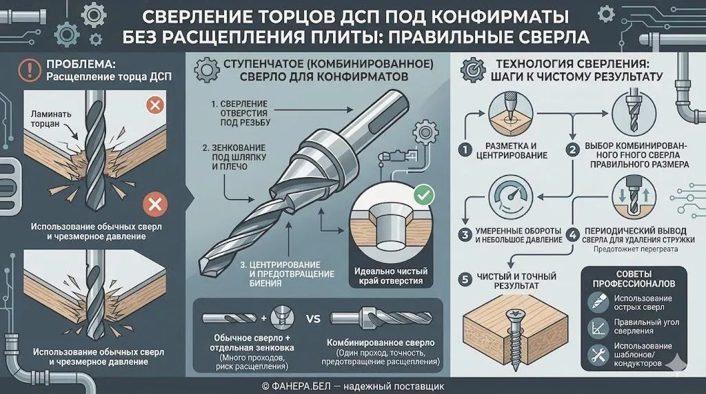 Сверление торцов ДСП под конфирматы без расщепления плиты: правильные сверла